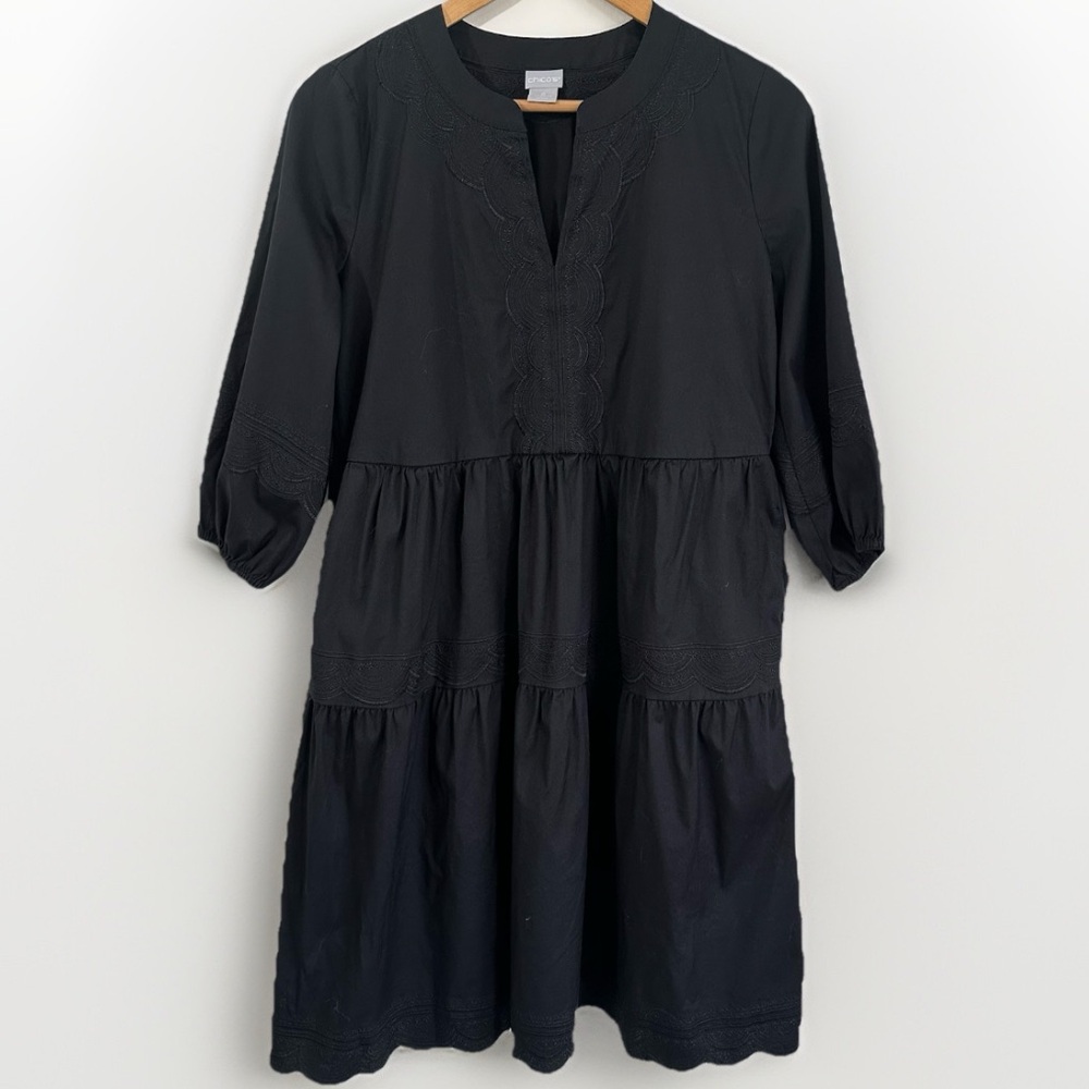 Chico’s Poplin Embroidered Midi Dress Black V Neck Scalloped Hem Size 0 (4/6)
